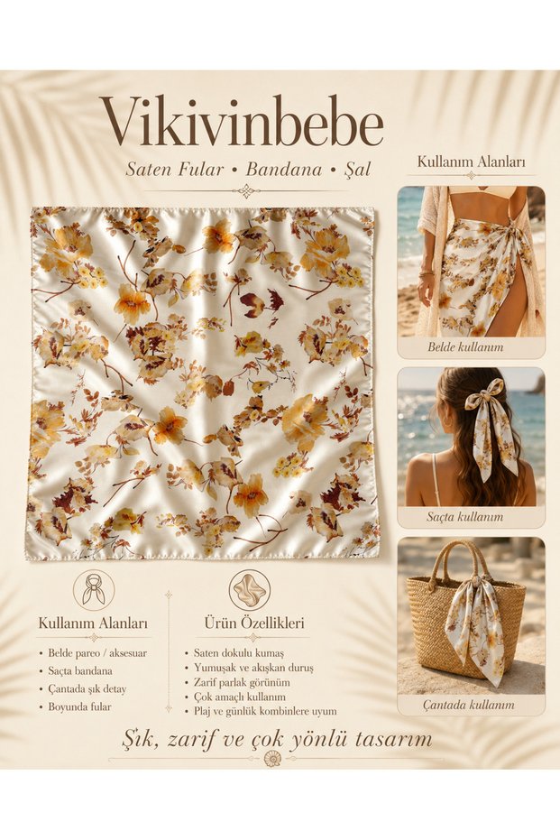 Women's Ecru Mustard Floral Patterned Satin Scarf Bandana Shawl 70X70 cm – Hair, Neck, Bag and Waist Accessory