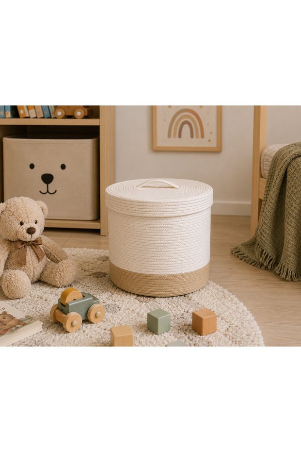 Wicker Basket with Lid 24X24 cm – Decorative Toy & Laundry Organizer Basket (Baby & Kids Room)