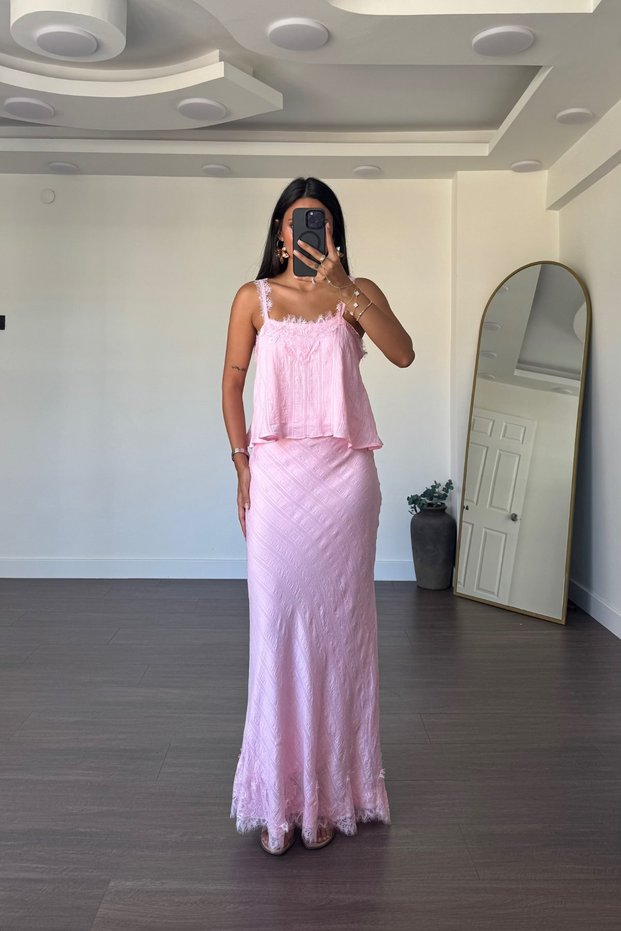 Pink Lace Detailed Blouse Skirt Double Set - 202634