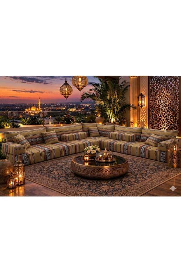 Arabic Majlis Floor Sofa Set, L-Shaped Sectional, Striped Fabric, Bohemian Style, Indoor Outdoor Seating