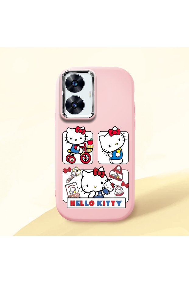 Realme C55 Compatible Case Camera Protector Pink Silicone Couple Phone Case with Kitty Pattern