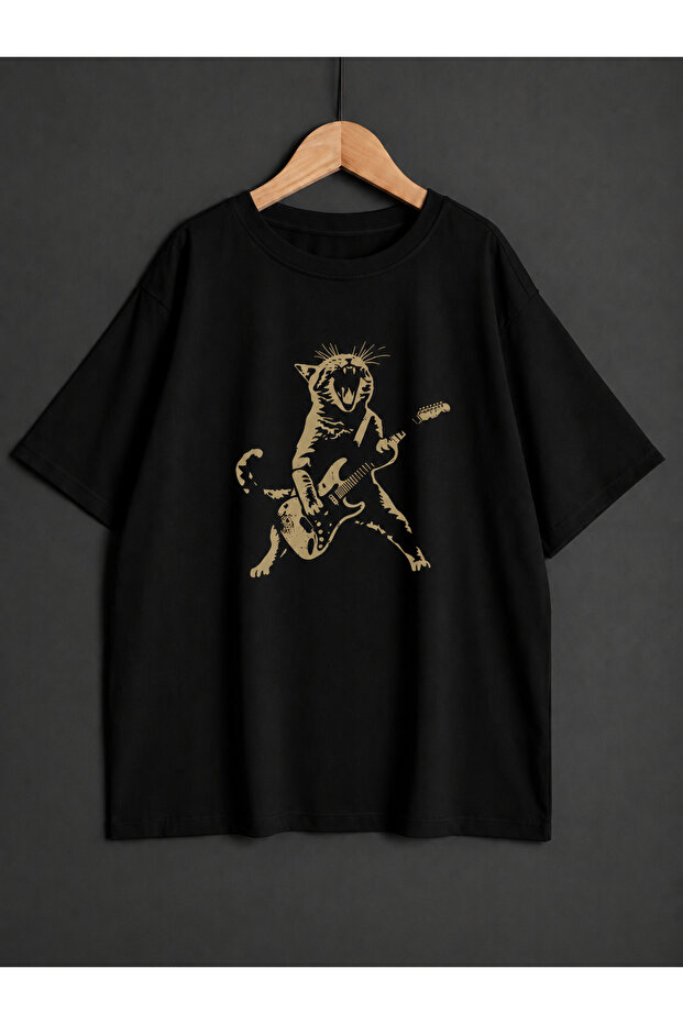 Unisex Guitar Cat Printed Oversized Shirt