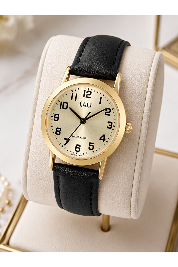 Women's Wristwatch Gold Color Case Black Leather Strap Casual and Stylish Combination Gift Boxed