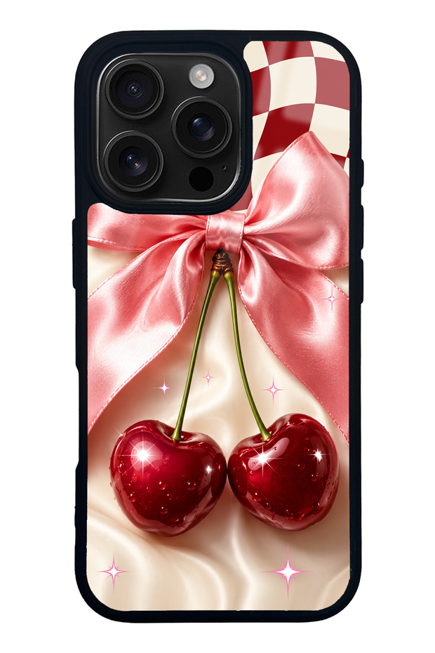 iPhone 16 Pro Glossy Phone Case with Cherry Picnic Bow Design
