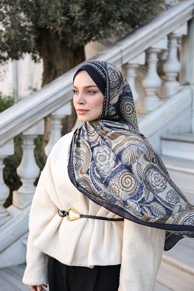 Petra Ethnic Pattern Shawl - Navy Blue Pattern 1