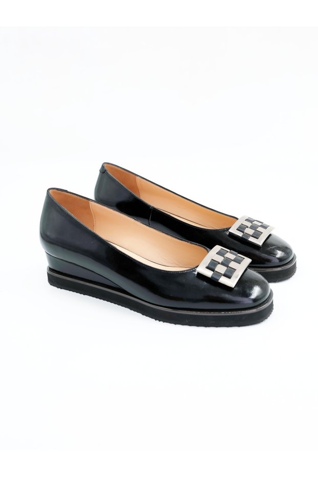 Women's Genuine Leather Wedge Heeled Shoes Black Patent Leather
