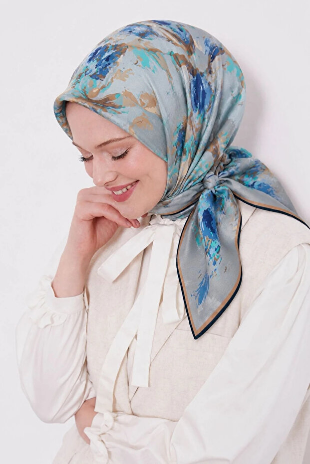 Cotton Silk Scarf Batik Patterned Ls2202 10-Light Grey-Blue-Mustard