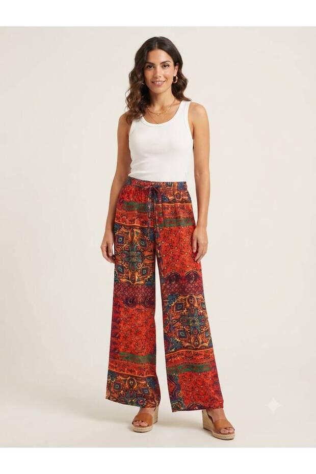 Women's Ethnic Patterned Wide-Leg Viscose Trousers / Plazzo Pants