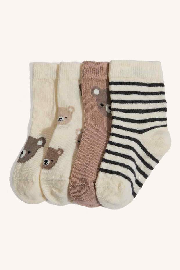 Animal Patterned Seamless 4-Piece Cotton Long White Socks for Baby Boy H9190A5Ns