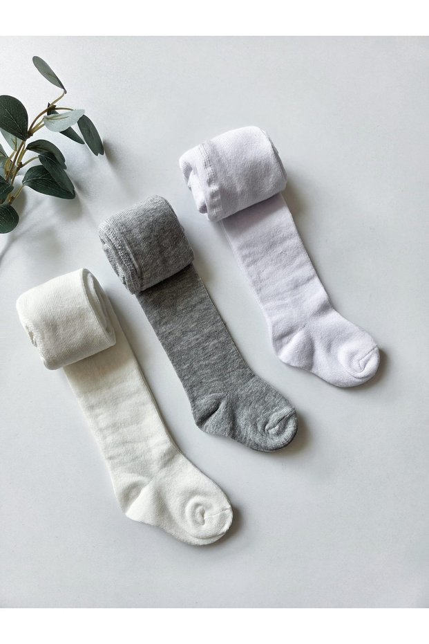 Cotton Baby Pantyhose Gray-Cream-White Set of 3 / Girls Boys Unisex Children