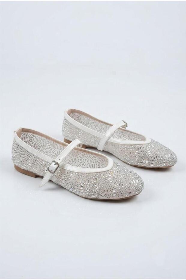 027-218 Tulle Stone Embroidered Comfortable Flexible Buckle-Strapped Women's Ballerinas