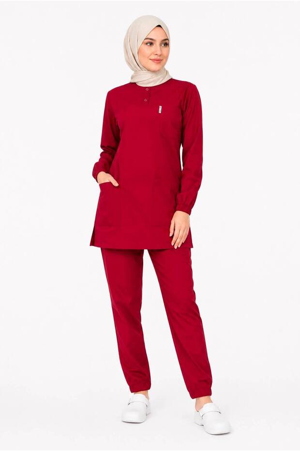 Unisex Orange Hijab Medical Uniform Set – Stretchable Fabric, V-Neck, Nurse & Doctor Uniform with Pockets