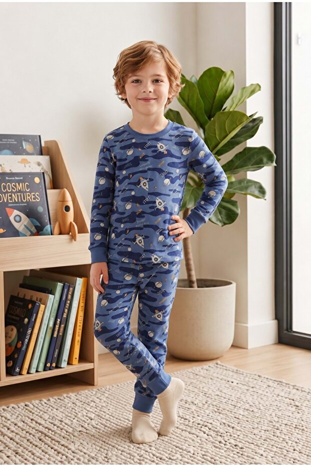 Boy's Printed Combed Cotton Pajama Set M00844 Blue