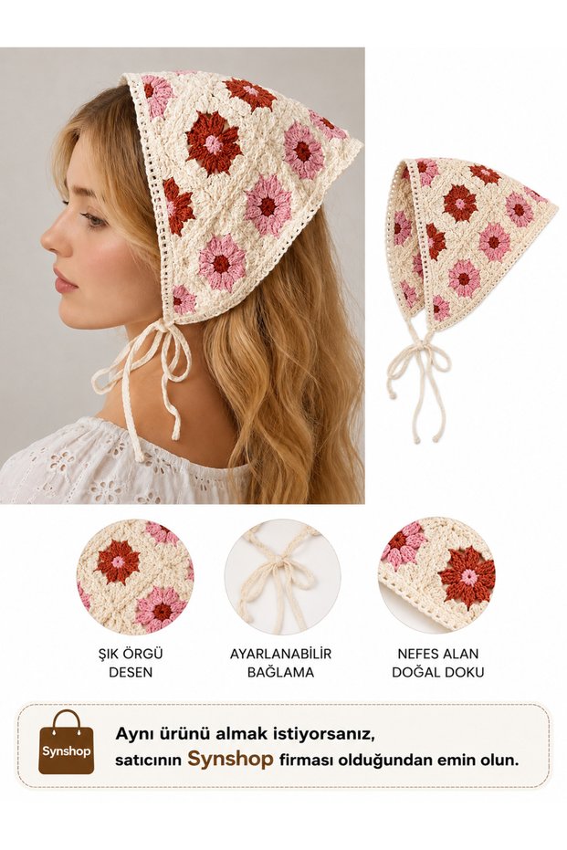 Knitted Triangle Pink Coffee Cream Bandana Alaçatı Hair Band Women Teen Girls Kids Summer Bohemian Vintage Korean Style Sunflower