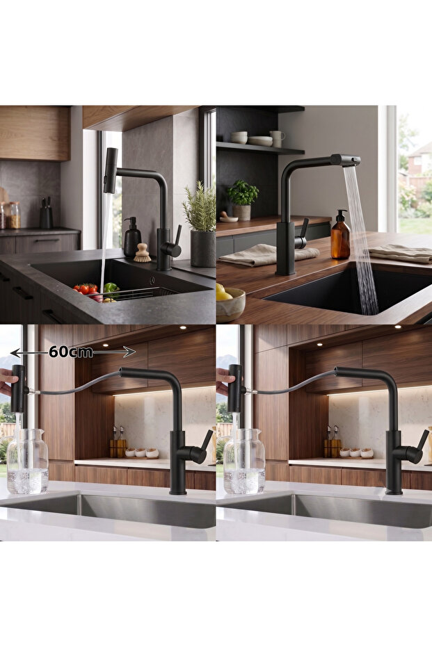 حوض مطبخ حلزوني بتصميم شلال عصري - صنبور مطبخ بلون أنثراسايت 3 وظائف
