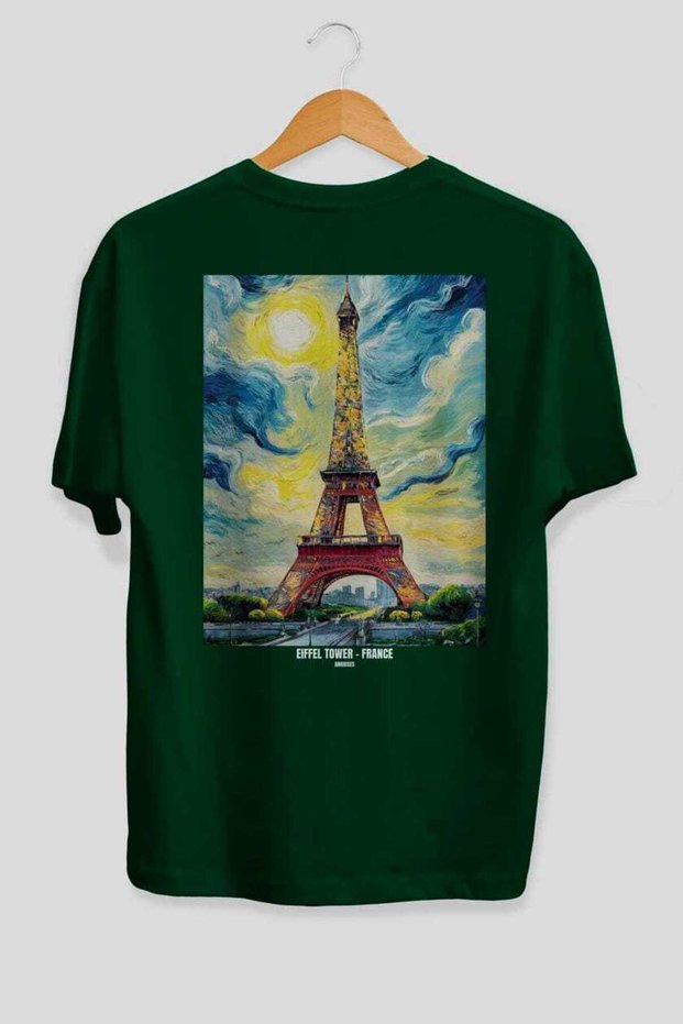 Eiffel Tower France Green Oversize Country City Back Printed Unisex T-Shirt 100% Cotton Premium