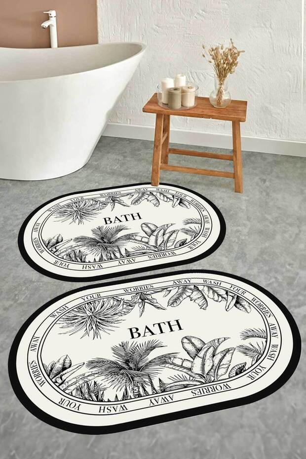 Washable Black and White Botanical Bath Mat Set