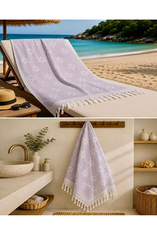 Aegean Breeze Double-Faced Star Jacquard Peshtemal - Lilac - 100% Cotton Beach, Pool and Hammam Peshtemal