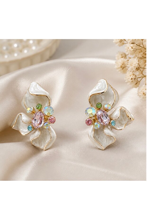 Colorful Stone Detailed Flower Design Earrings