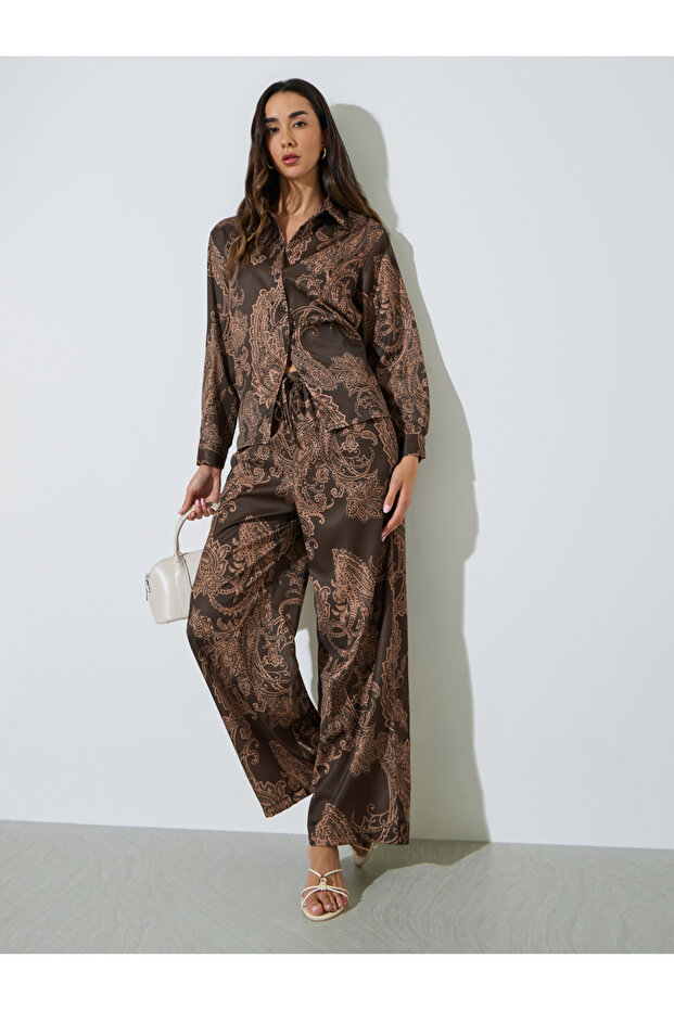 Brown Printed Long Sleeve Shirt And Pants Co-Ord Set