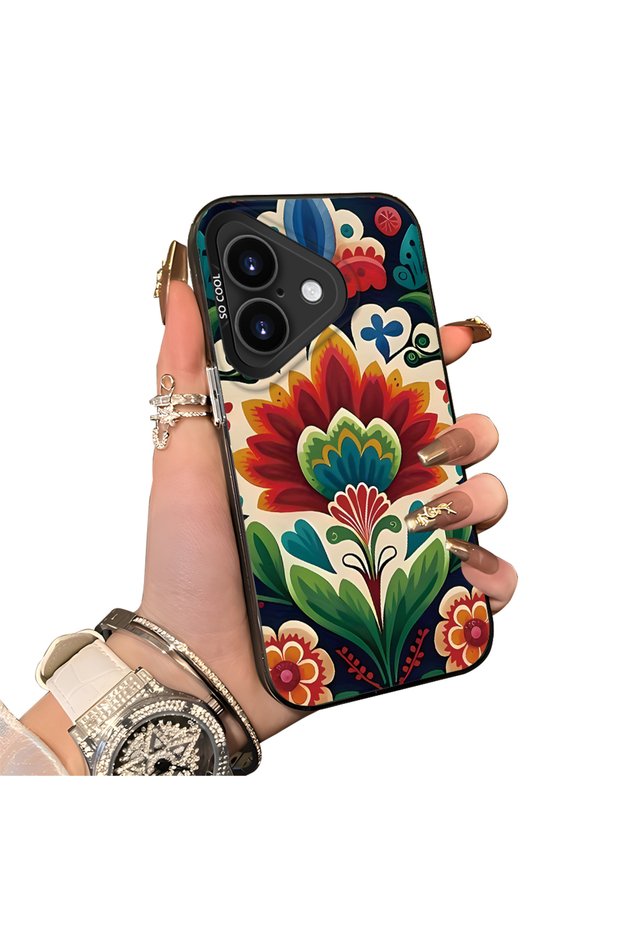 iPhone 17 Compatible Silicone Edge Hard Back Case Couple Phone Case with Floral Pattern