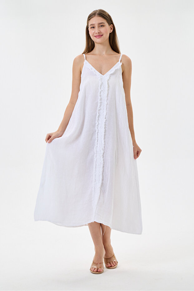 White Italian 100% Linen Long Linen Dress with Tassels and Adjustable Shoulder Straps Size 40 - 46