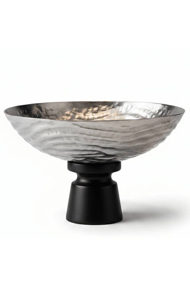 Luhpar Wave Textured Aluminium Round Bowl with Black Wooden Base - 20×26 cm - 74901-B