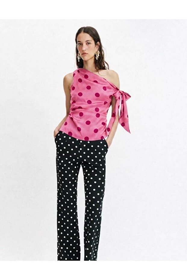 Women's Pink Polka Dot Asymmetrical Tie-Up Satin Blouse