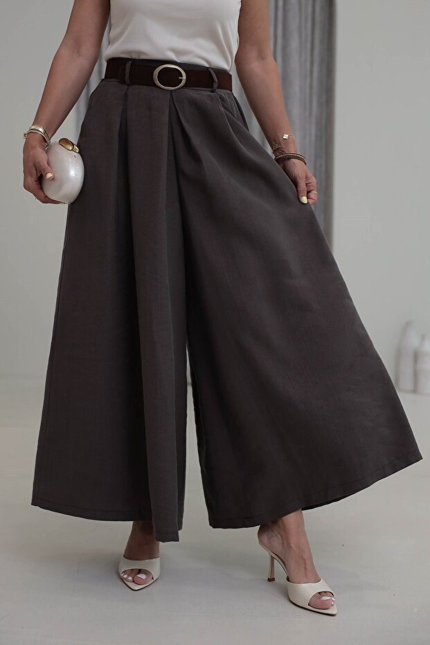 Brown Suede Belted Wide-Leg Pants Per51354