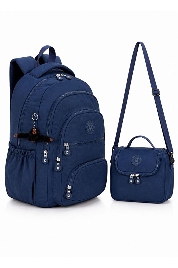 Set of 2 Crinkle Fabric School Backpack + Lunch Bag, with Monkey Keychain Gift (Let My Bag Come with Me)