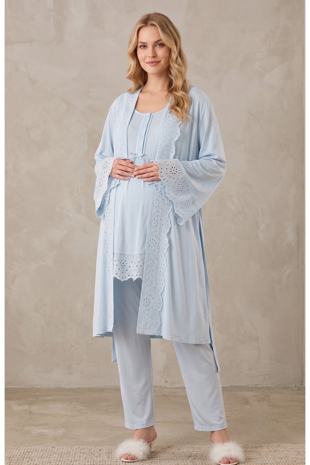 New Season Blue Scalloped Summer Button Detailed Stylish Design Short Sleeve Maternity Maternity Dressing Gown Pajama Set