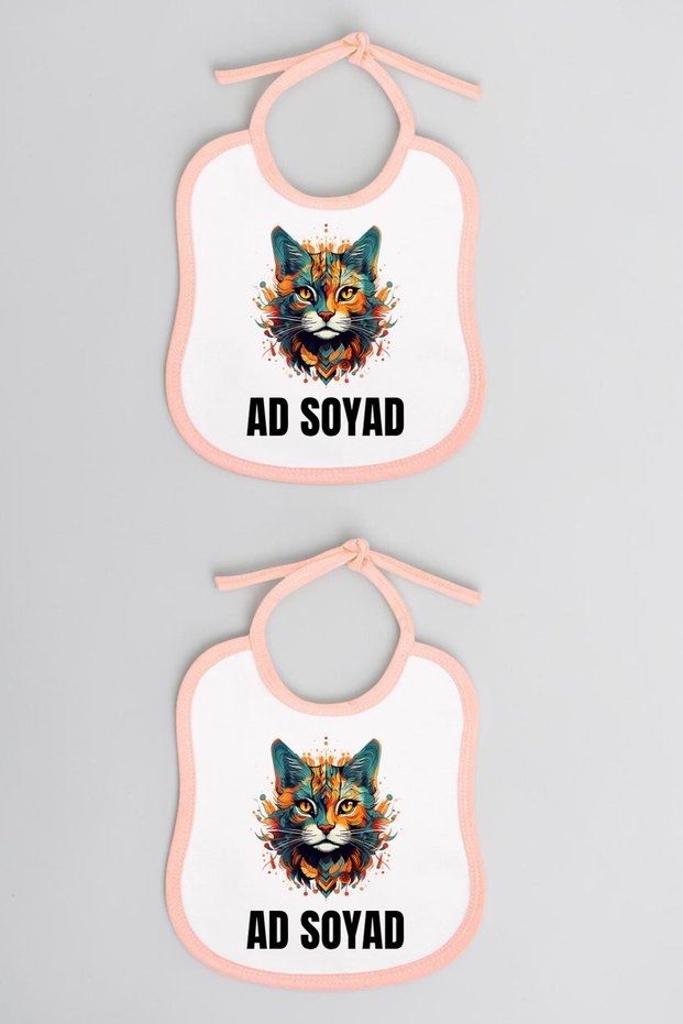 Flame Cat Printed 2-Piece Linen Pink Baby Feeding Bib - Baby Feeding Bib, Baby Bibs Models, Wearable Feeding Bib