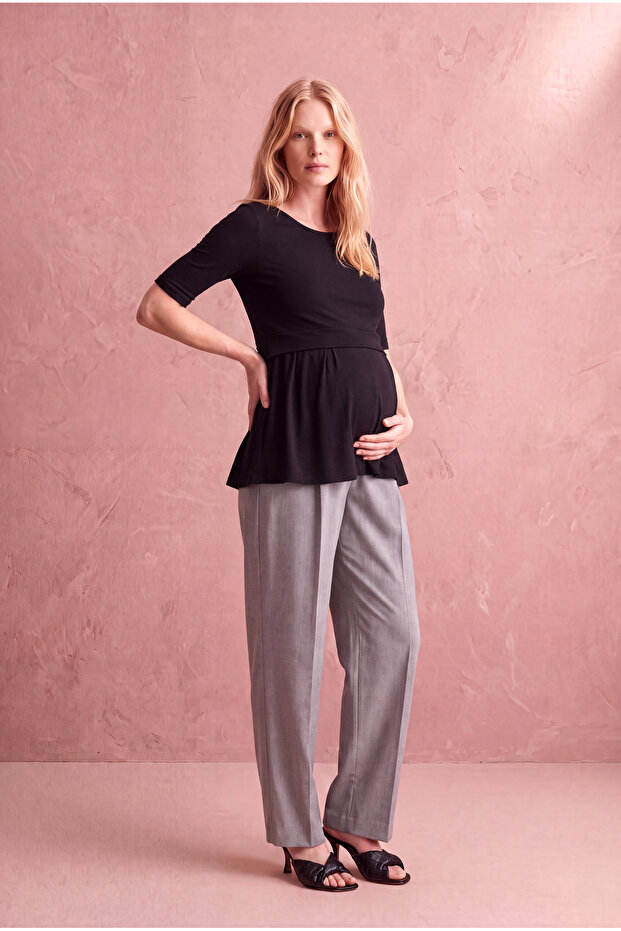 Maternity Black Viscose Crew Neck Short Sleeve Double Layer Blouse with Breastfeeding Feature Alivia