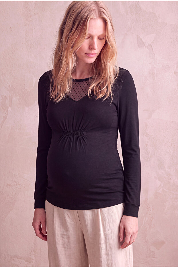Maternity Black Viscose Blended Tulle Collar Detailed V-Neck Long Sleeve Blouse Andrea