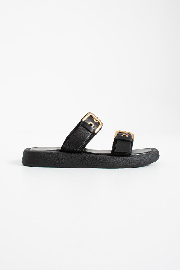 Arven Women's Gold Buckle Light Sole Genuine Leather Slippers Black