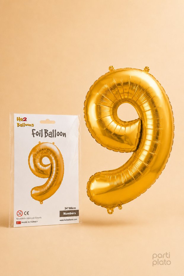 Gold Foil Balloon Number 9, 86 Cm, Helium Compatible Gold Color Balloon for Age 9, Large Size Number Balloon