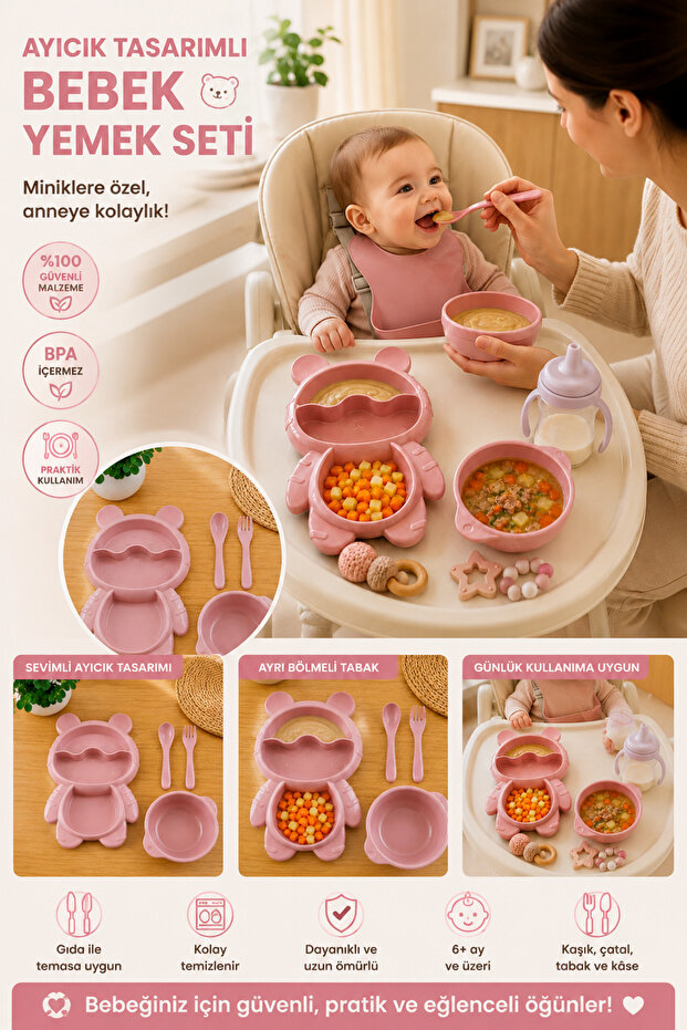 Pink Teddy Bear Design Baby Dinner Set – Divided Food Plate, Food Bowl, Spoon and Fork Set