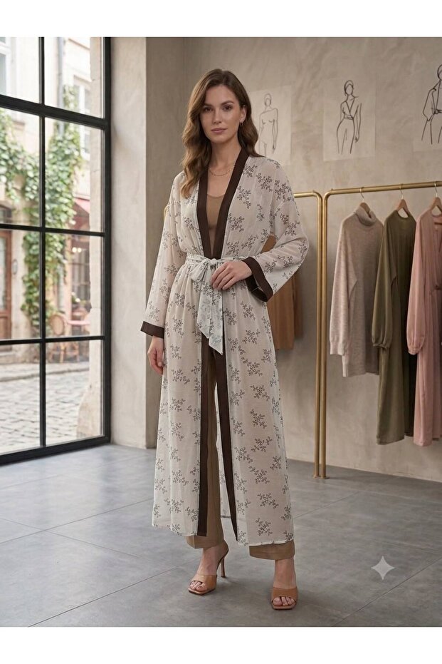 Women's Beige Embellished Belted Long Kimono
