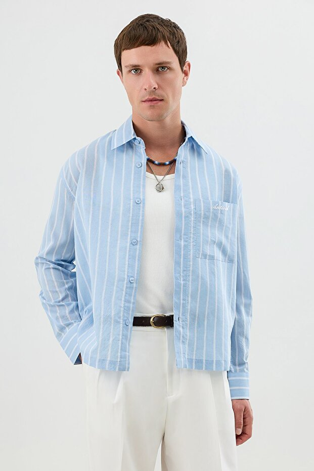 Blue Linen Blend Boxy Fit Men's Shirt