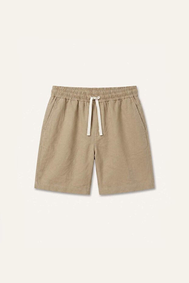 100% Cotton Relax Fit Elastic Tie Waist Beige Bermuda Shorts I3858Ax26Au
