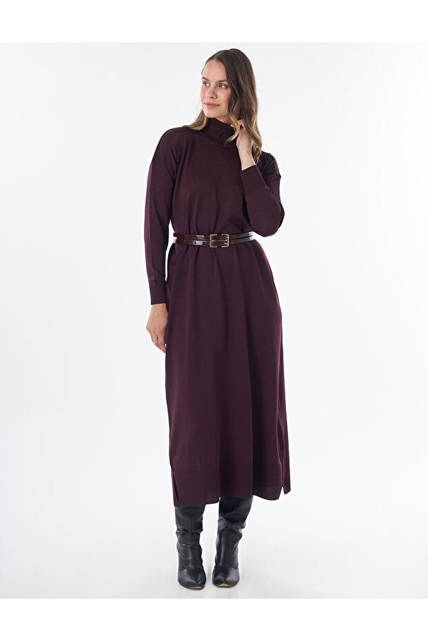 Turtleneck Knitwear Dress Burgundy