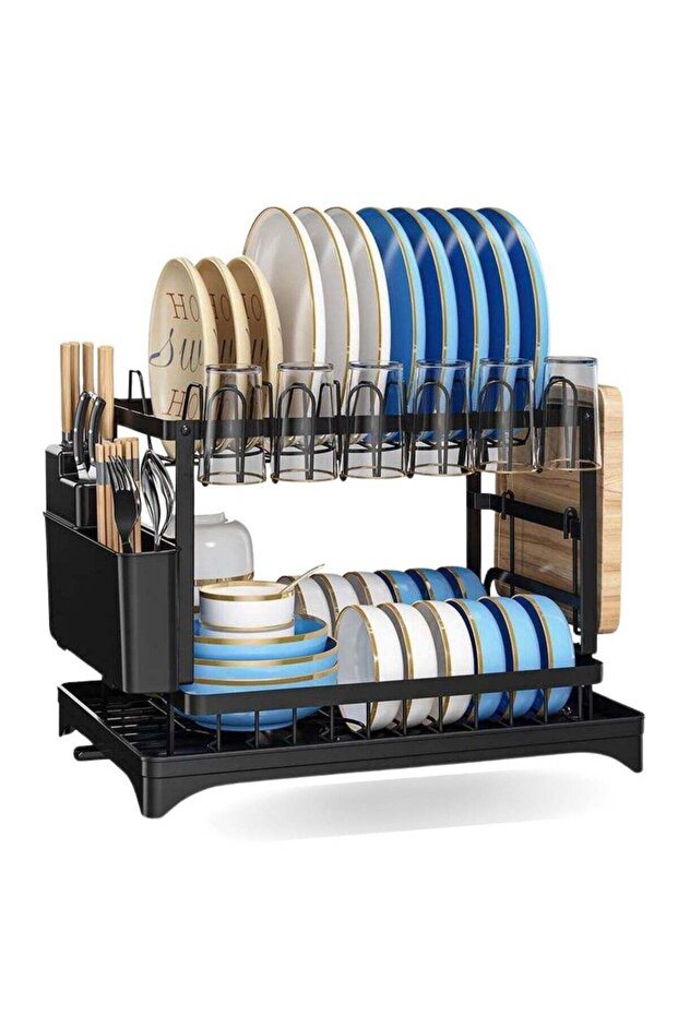 Dish Rack for Kitchen Countertop – Black Sink Drainer with Cutlery Shelf Organizer