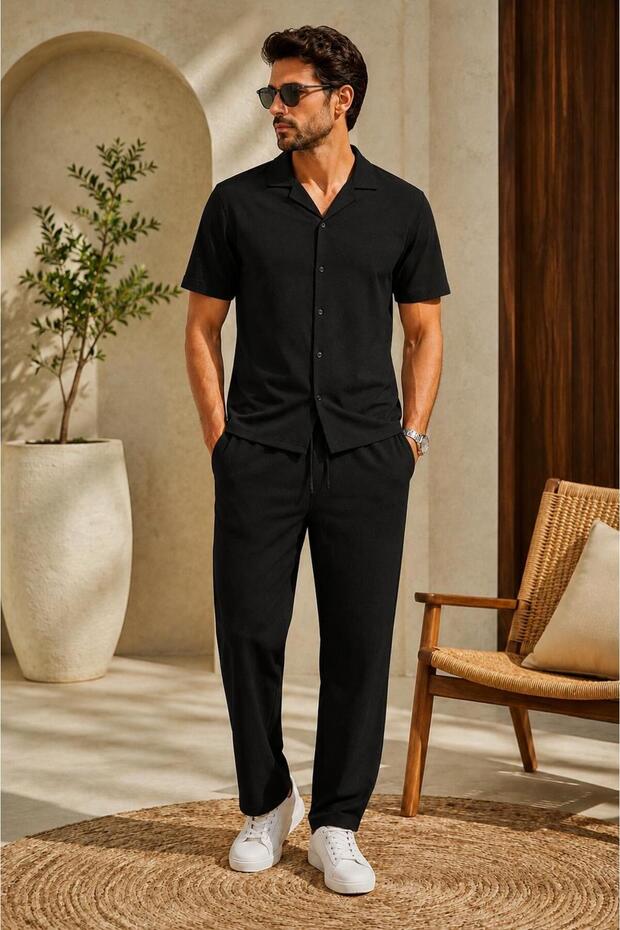 Rooy Wrinkled Crinkle Fabric Summer Lycra Men's Shirt and Pants Set