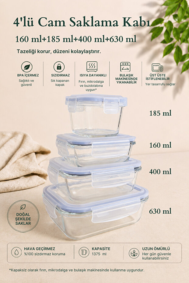 Set of 4 Glass Storage Containers with Leak-Proof Lids (160 ml + 185 ml + 400 ml + 630 ml)