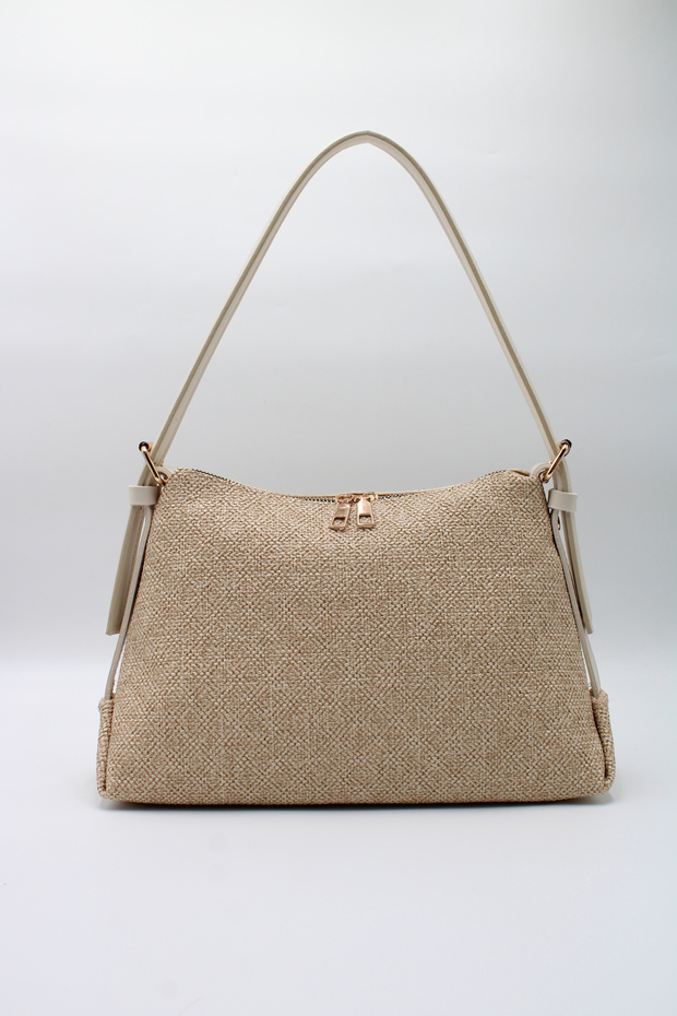 Women's Straw Belt Strap Suede Zippered Faux Leather Hand and Shoulder Bag