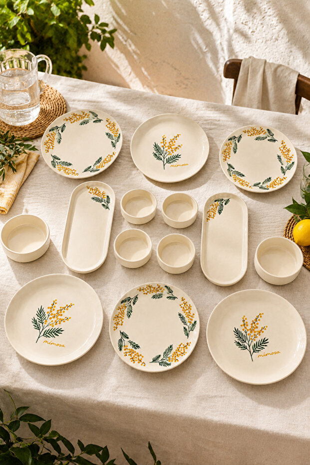 Mimoza 14 Piece Breakfast Set for 6 People, Floral Patterned Ceramic Presentation Set
