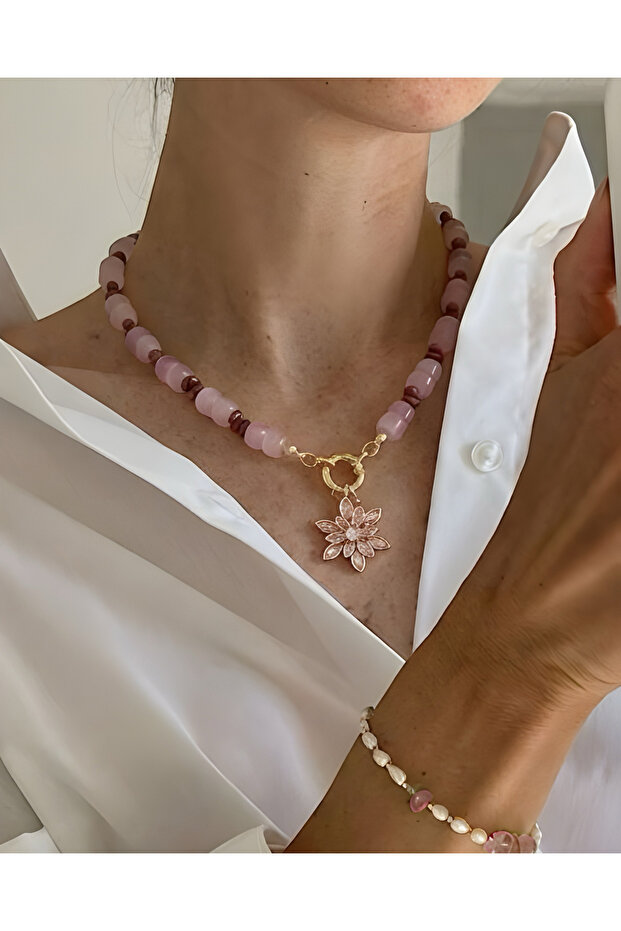Pink Glass Stone Beads & Flower Pendulum Rudder / Sailor Lock Necklace