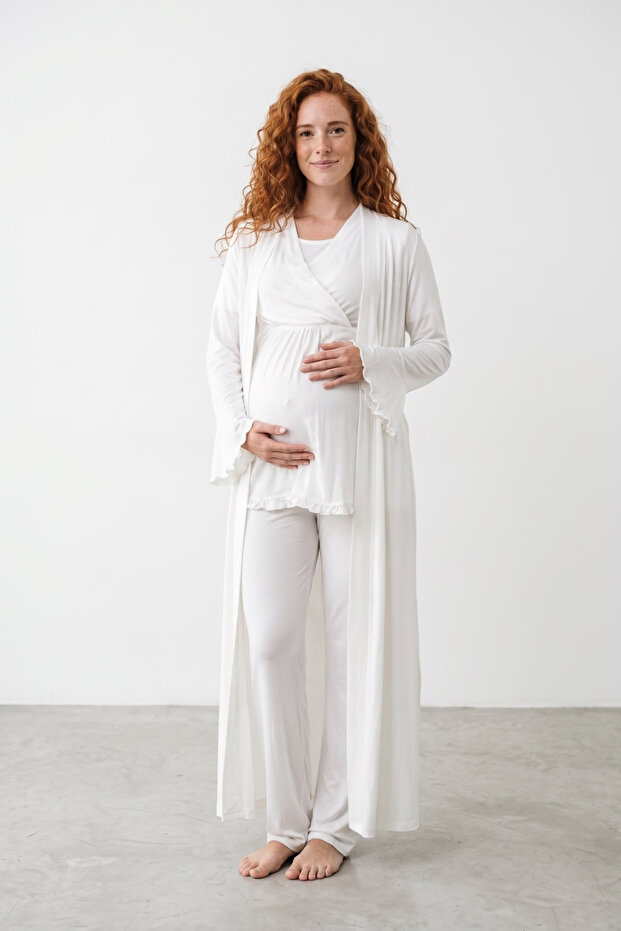 Venera Cotton 3-Piece Maternity Set - Dressing Gown and Pajama Set with Easy Breastfeeding Features