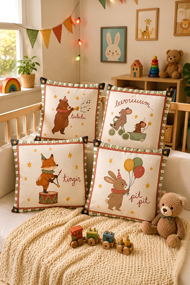 Musician Animals Patterned 4-Piece Children's and Baby Pillow Cover Set