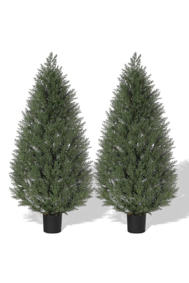 2 PCS Artificial Topiary Cedar Trees, 4 FT Artificial Plants Outdoor with Realistic Moss & Pot, UV Rated Fake Plants for Front Porch Decor, Living Room